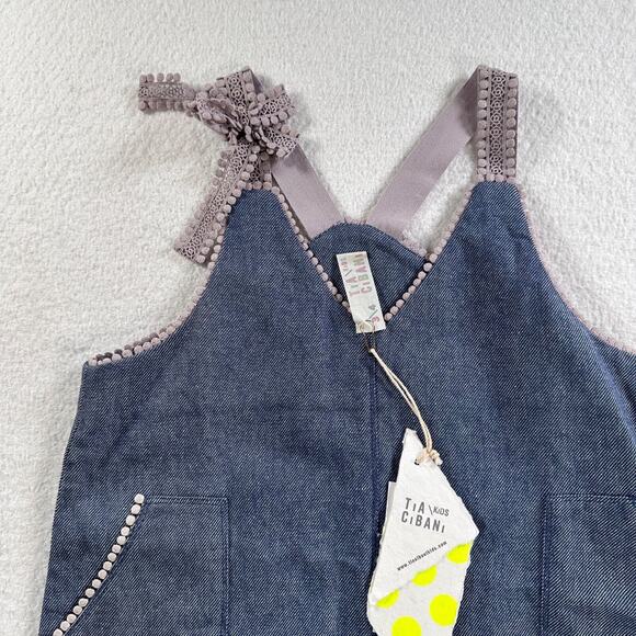 Tia Cibani Kids Apron Shift Dress Girls 3/4 Year Old Blue Denim Lace Bow New - Picture 3 of 10